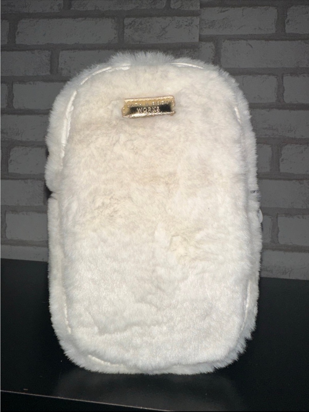Bath and Body Works White Faux Fur Crossbody Bag with Gold Adjustable Strap